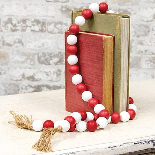 Beaded String Red White w/Jute Tassels