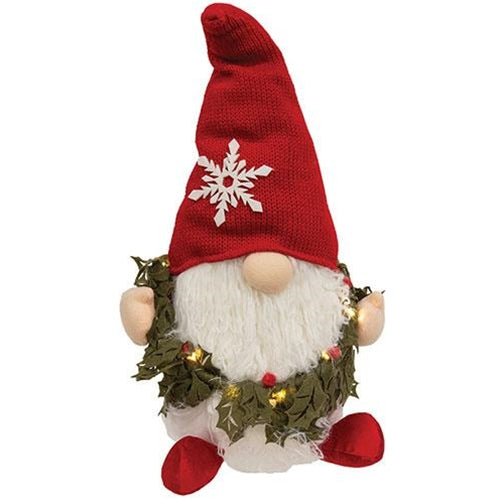 Holly Wreath Gnome w/LED Lights