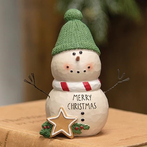 Merry Christmas Resin Snowman w/Green Hat