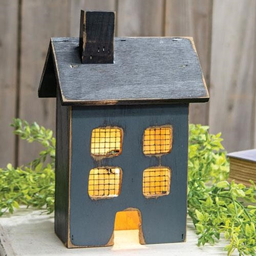 Distressed Wooden Small Blue Light Up House – Primitive Renditions