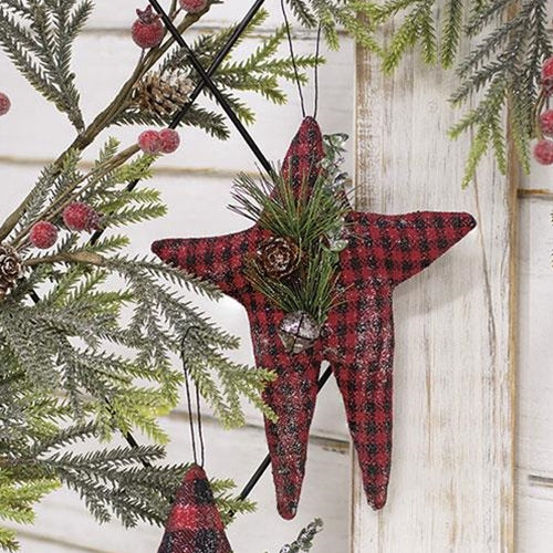 Red & Black Check Folk Star Ornament w/Pinecone