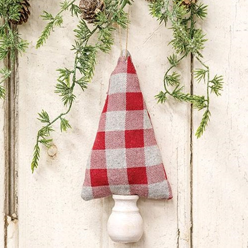 Red & Gray Buffalo Check Fabric Christmas Tree Ornament 7.5"