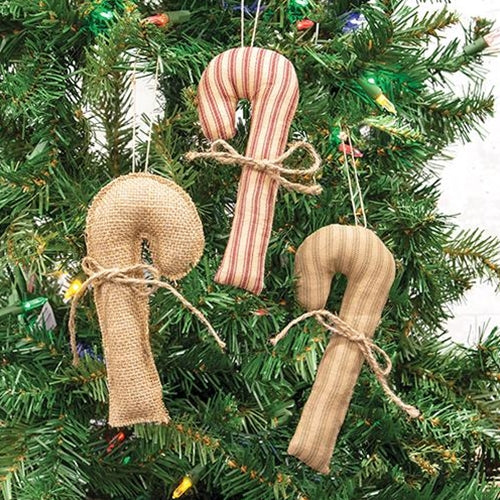 Christmas Stripe Fabric Candy Cane Ornaments 3 Asstd