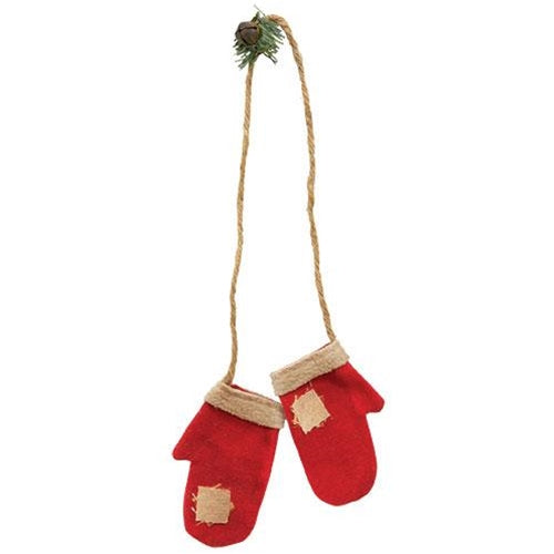 Primitive Fabric Mittens Hanging Christmas Ornament