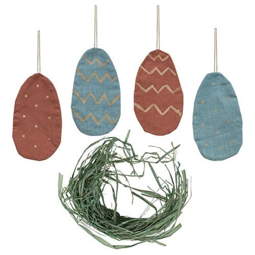 4/Set Stiffened Fabric Primitive Egg Ornaments w/Nest Filler