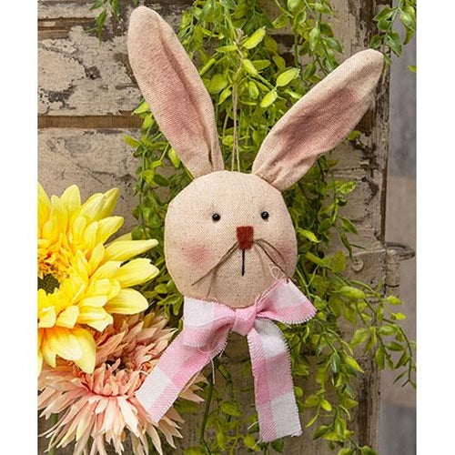 Primitive Stuffed Bunny Head Ornament w/Pink & White Buffalo Check Bow