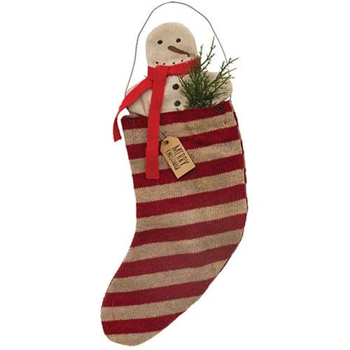 Hanging Striped "Merry Christmas" Stocking w/Snowman & Greenery
