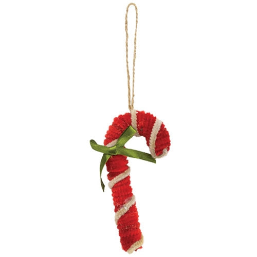 Chenille Candy Cane Ornament w/Green Bow