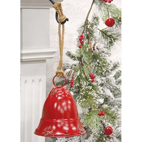 Distressed Red Metal Bell w/Jute Hanger Small