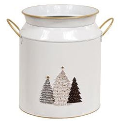 White & Gold Handle Milk Can w/Tree Embossed Accent