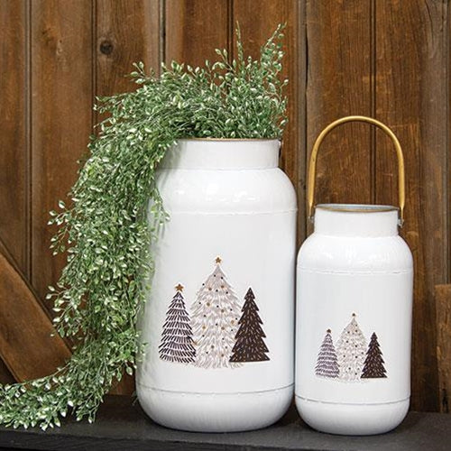 2/Set White Milk Cans with Embossed Trees