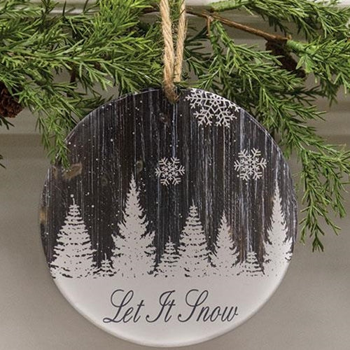 Let It Snow Snowy Woodgrain Round Ornament