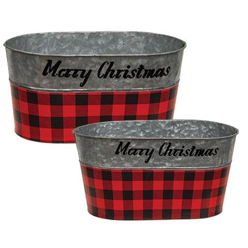 2/Set Red & Black Buffalo Check Merry Christmas Oval Buckets