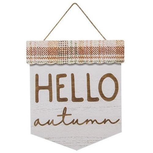 Hello Autumn Plaid Wood Pennant Sign