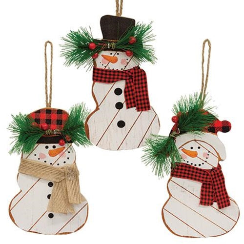 Buffalo Check Snowman Shiplap Ornament 3 Asstd.