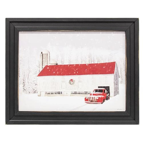 Winter Barn & Red Truck Framed Print 12x16