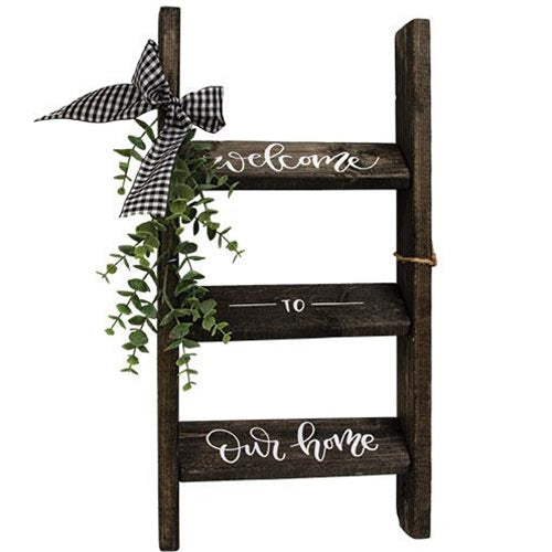 Welcome to Our Home Black Wooden Ladder w/Greenery