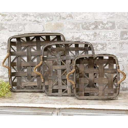 3/Set Natural Square Tobacco Baskets w/Jute Handles