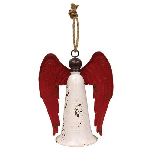 Distressed Metal Angel Bell (2pc White Bell Red Wings)