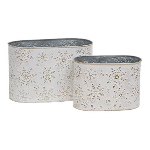 2/Set Distressed White Metal Oval Buckets w/Gold Embossed Snowflakes