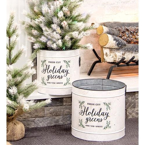 2/Set Holiday Greens Distressed Metal Pails