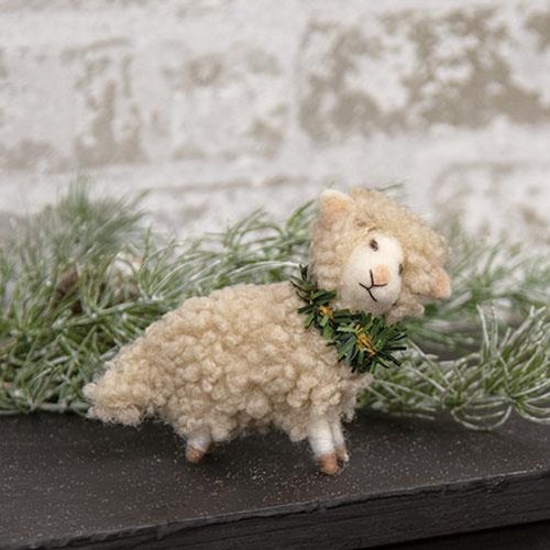Small Felted Lamb w/Green Collar Ornament