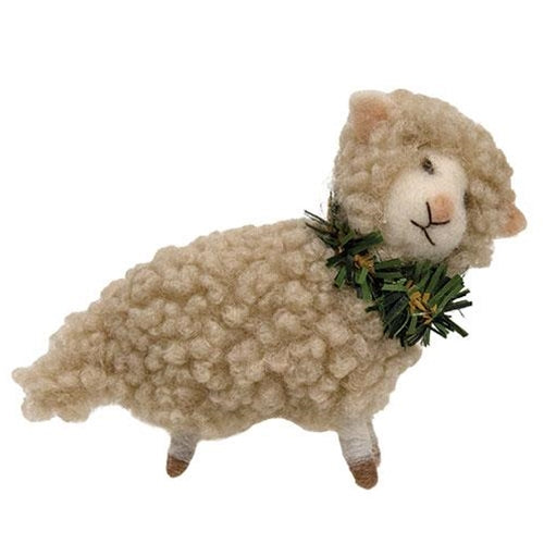 Small Felted Lamb w/Green Collar Ornament