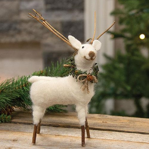 Large Felted White Standing Reindeer Ornament