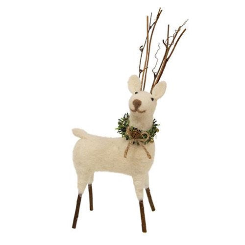 Large Felted White Standing Reindeer Ornament