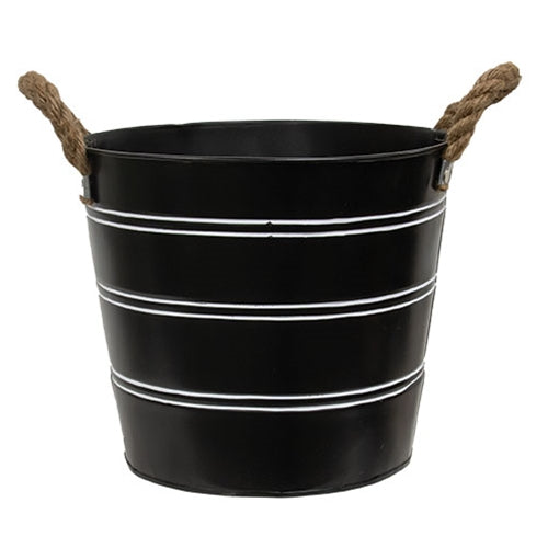 Black Striped Metal Bucket w/Jute Handles Large
