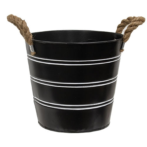 Black Striped Metal Bucket w/Jute Handles Small
