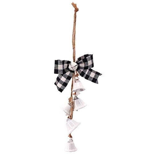 White Bells w/Black/White Plaid Bow Drop Ornament