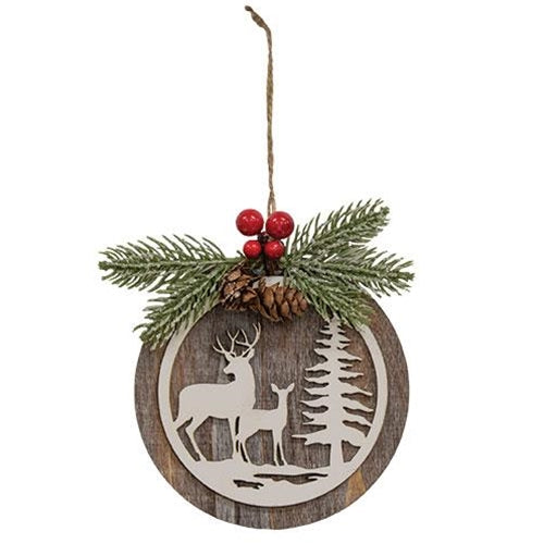 Round Wooden Deer Scene w/Pine Spray Ornament
