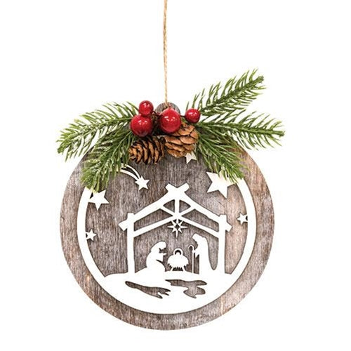 Wooden Nativity Ornament w/Pine