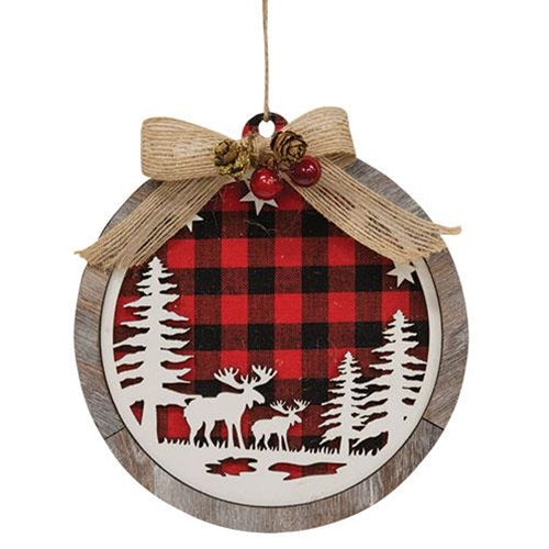 Wooden Red & Black Plaid Moose Scene Ornament