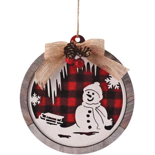 Round Wooden Red/Black Plaid Snowman Scene Ornament