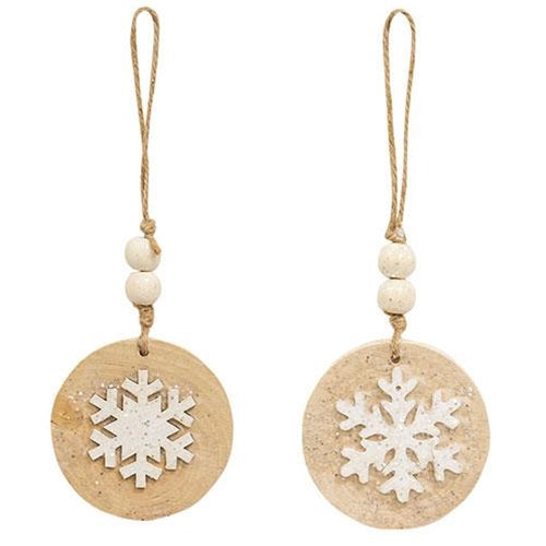 Glittered White Snowflake Wood Round Ornament 2 Asstd.