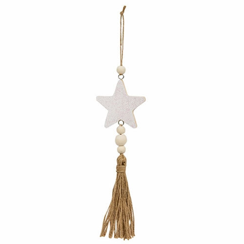 *Glittered White Star Beaded Wood Ornament with Tassel