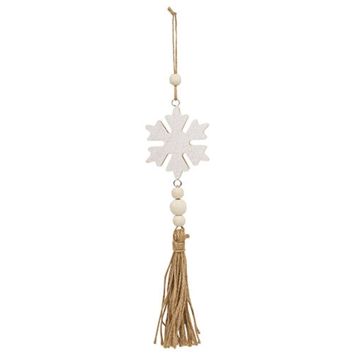 *Glittered White Snowflake Beaded Wood Ornament with Tassel