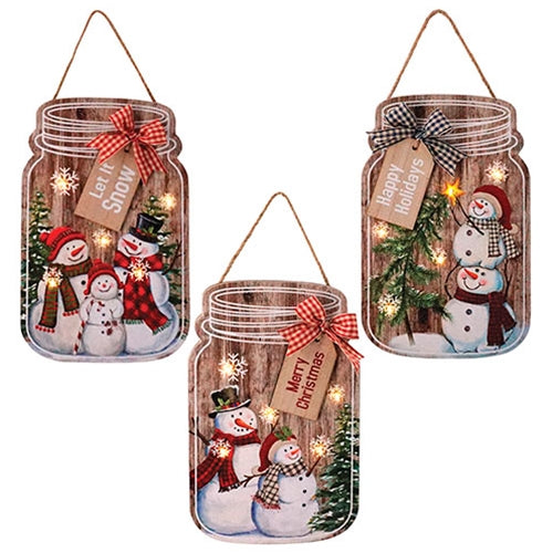 *Wooden Christmas Snowman Mason Jar Ornament w/LED Light 3 Asstd.