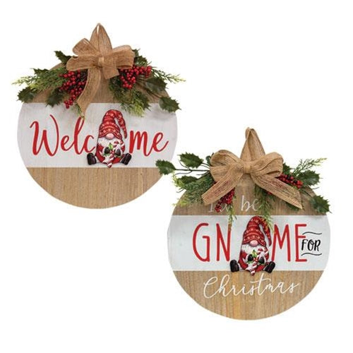 Welcome Gnome Christmas Round Wood Sign 2 Asstd.