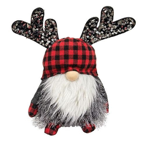 Red & Black Buffalo Check Sequin Reindeer Gnome Sitter