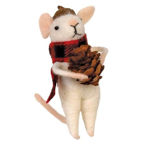 Felted Mouse with Red/Black Plaid Scarf & Pinecone Ornament