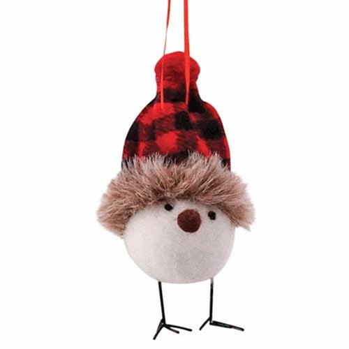 Felted Bird with Red/Black Plaid Hat Ornament