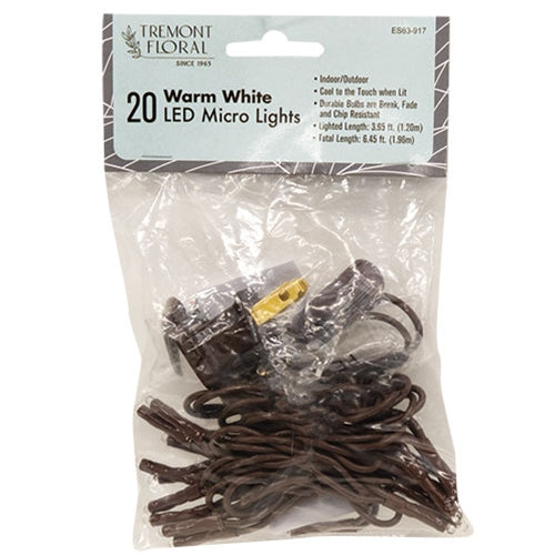 Warm White LED Micro Lights 20 Count Brown Cord