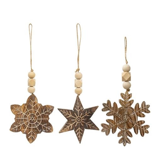 Natural Beaded Distressed Wood Grain Snowflake Ornament 3 Asstd.