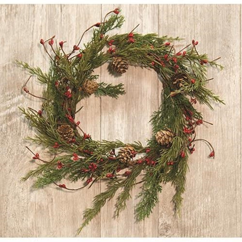 Evergreen Pine w/Red Pips Wreath 13"