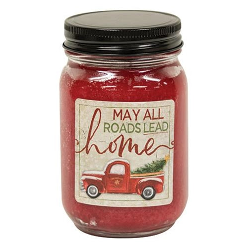 ^^Hollyberry Jar Candle w/Red Truck 12oz - All Roads Lead Home