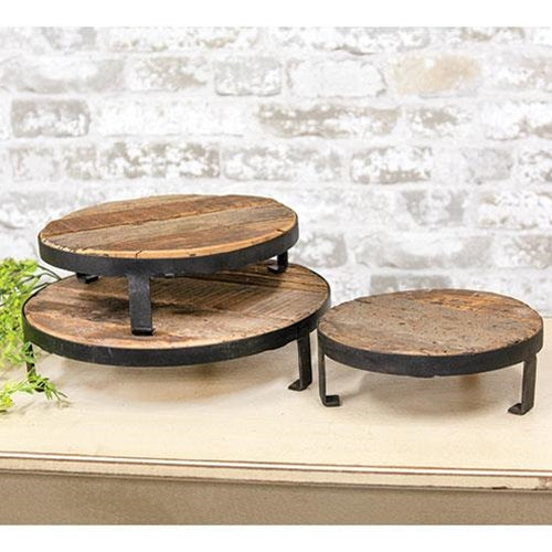 3/Set Weathered Wood and Metal Round Risers